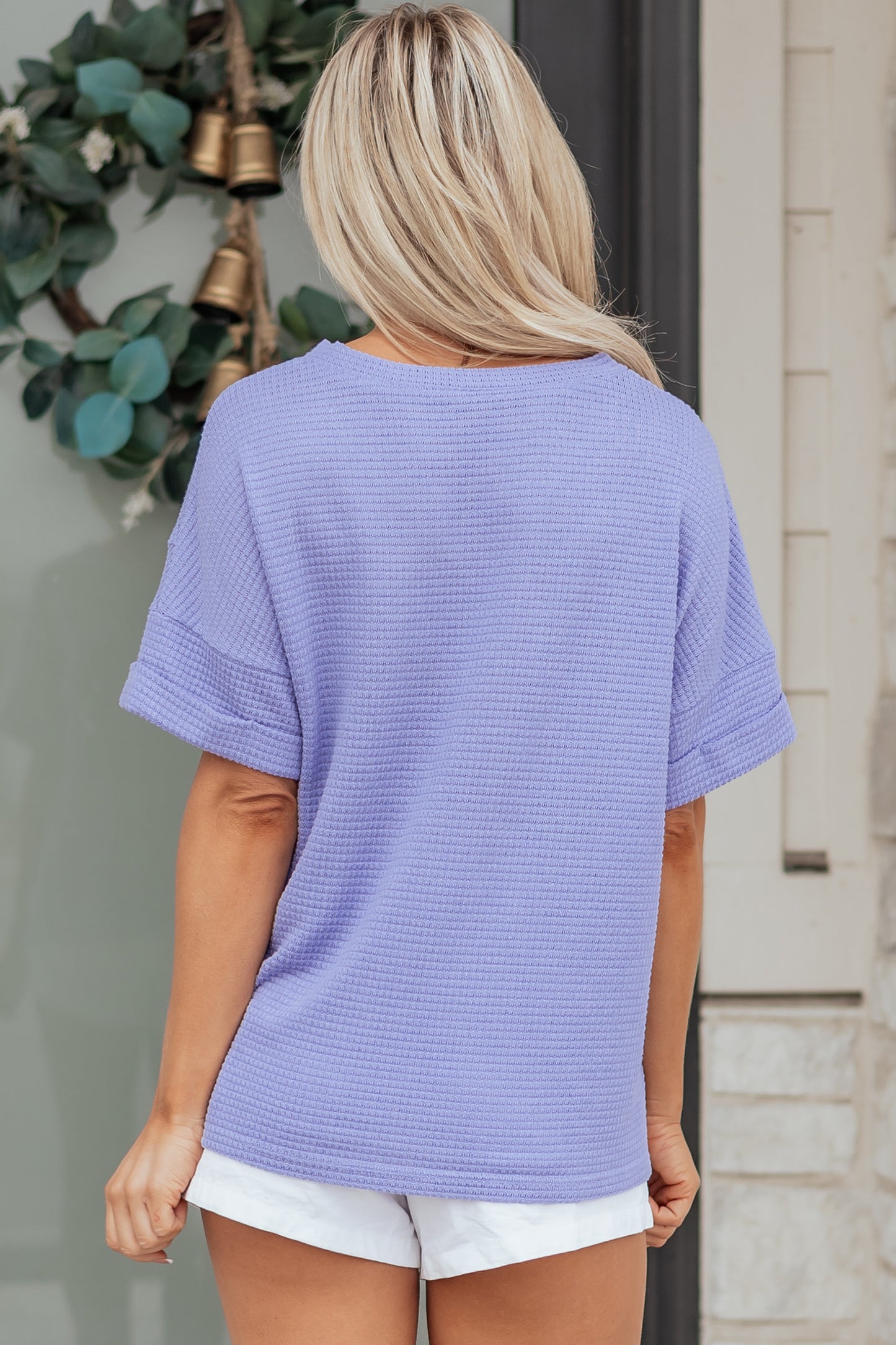 Strawberry Pink Waffle V Neck Short Sleeve Knit Top