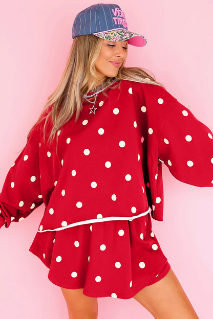 Red Polka Dot Raw Hem Relaxed Pullover Loose Skort Two Piece Set