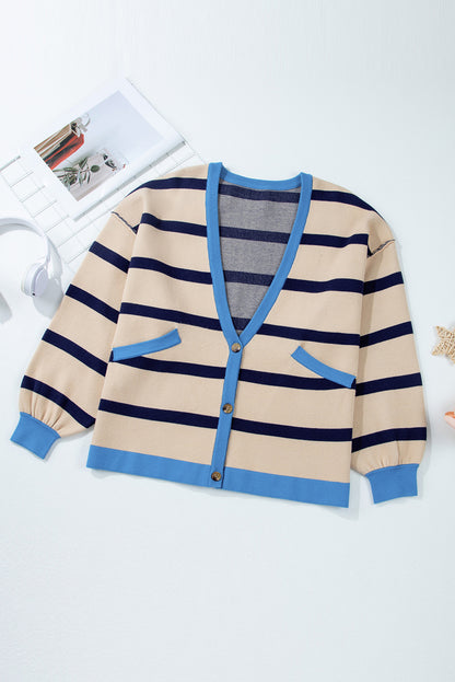 Cardigan ample boutonné à épaules tombantes et colorblock blanc