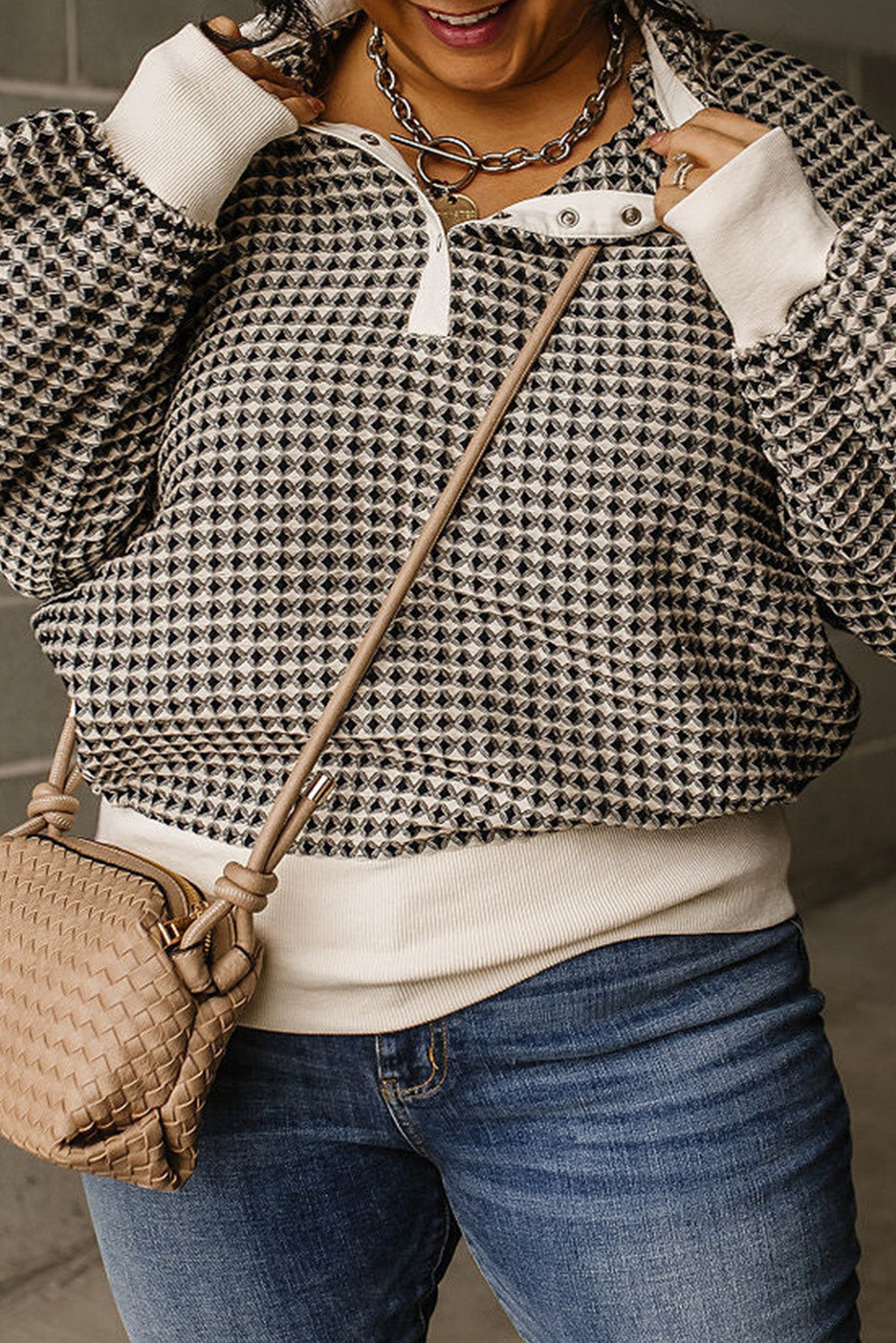 Sweat-shirt noir à col contrasté bicolore grande taille