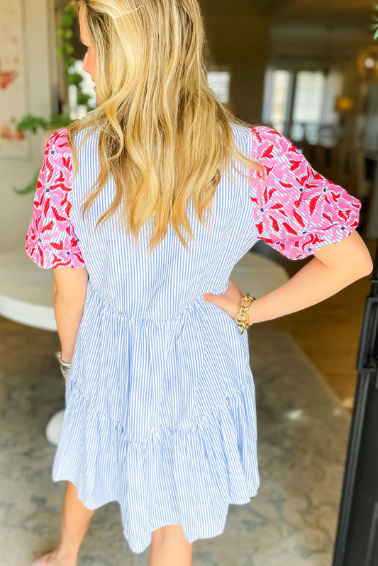 Sky Blue Stripe Contrast Floral Puff Sleeve Tiered Ruffle Dress