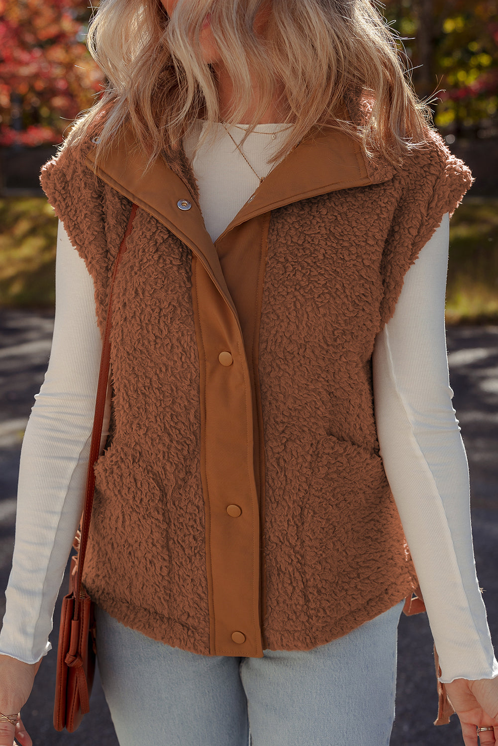 Beige Faux Fur Snap Button Front Knot Side Plush Vest with Pockets