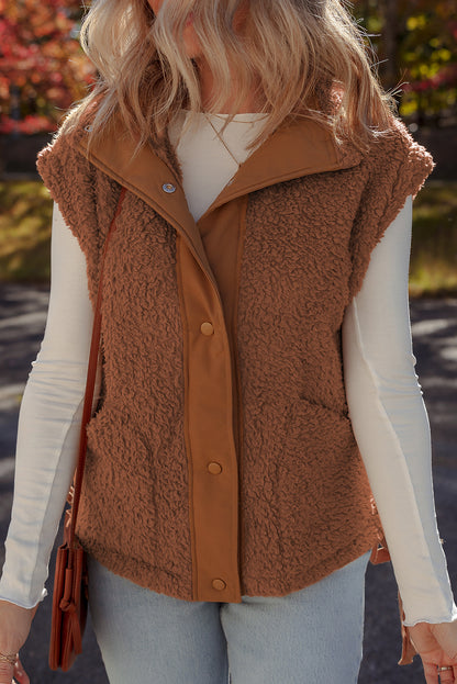 Beige Faux Fur Snap Button Front Knot Side Plush Vest with Pockets