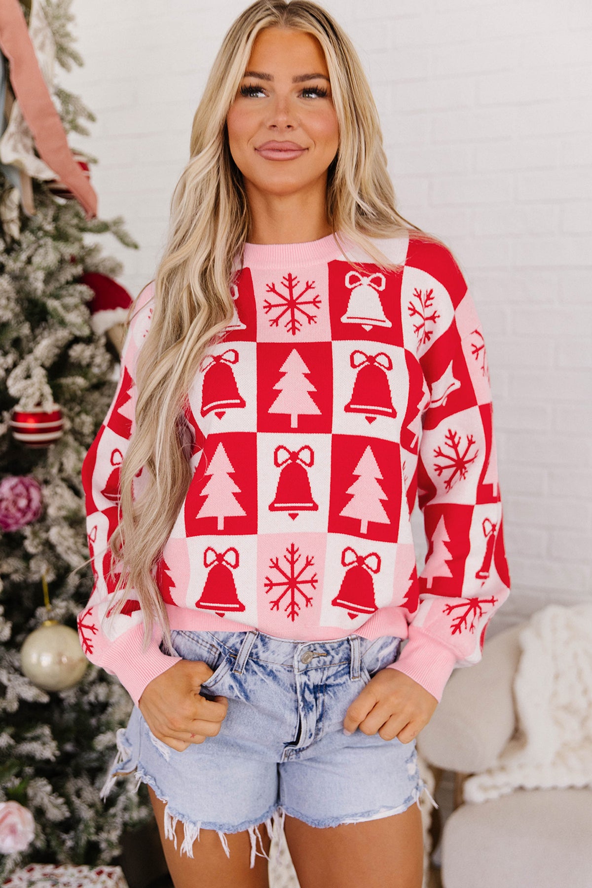 Pink Christmas Plaid Pullover Round Neck Long Sleeve Casual Fit Tunic Knitwear Sweater