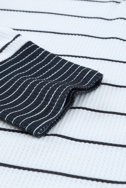 White Striped Buttoned Henley Waffle Knit Top