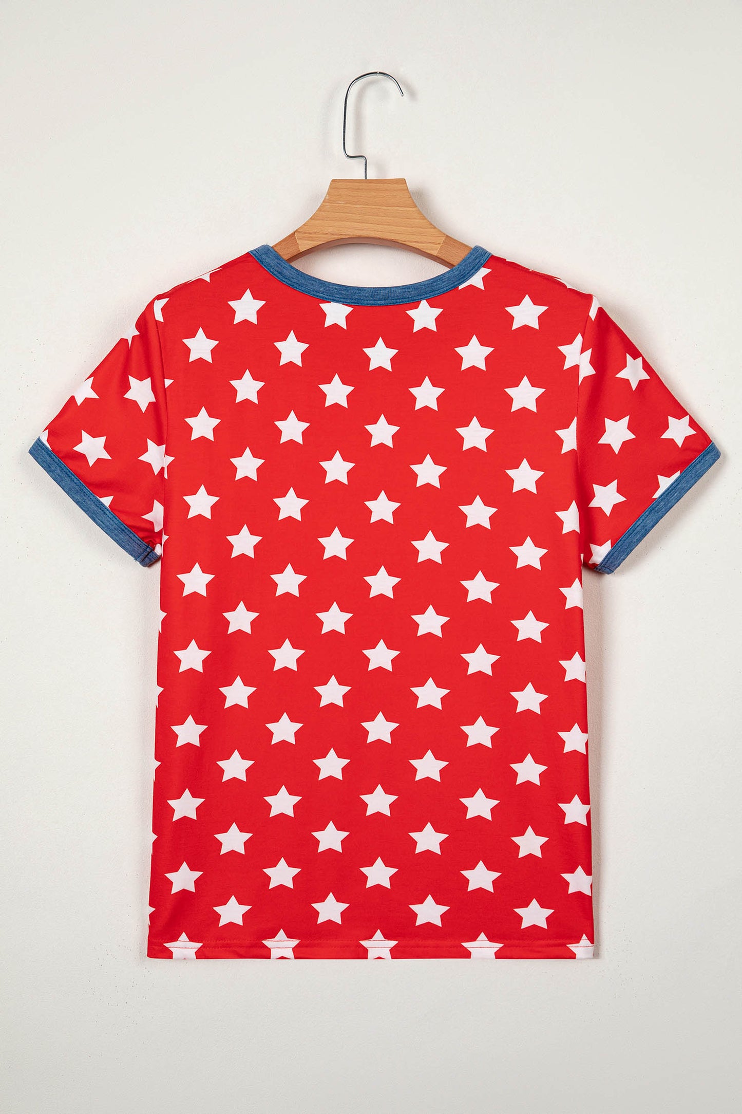 Red Stars Print Colorblock Binding Tape Collar Cuff Viscose Tunic Top