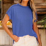 Dark Blue Textured Knit Exposed Stitching T-shirt