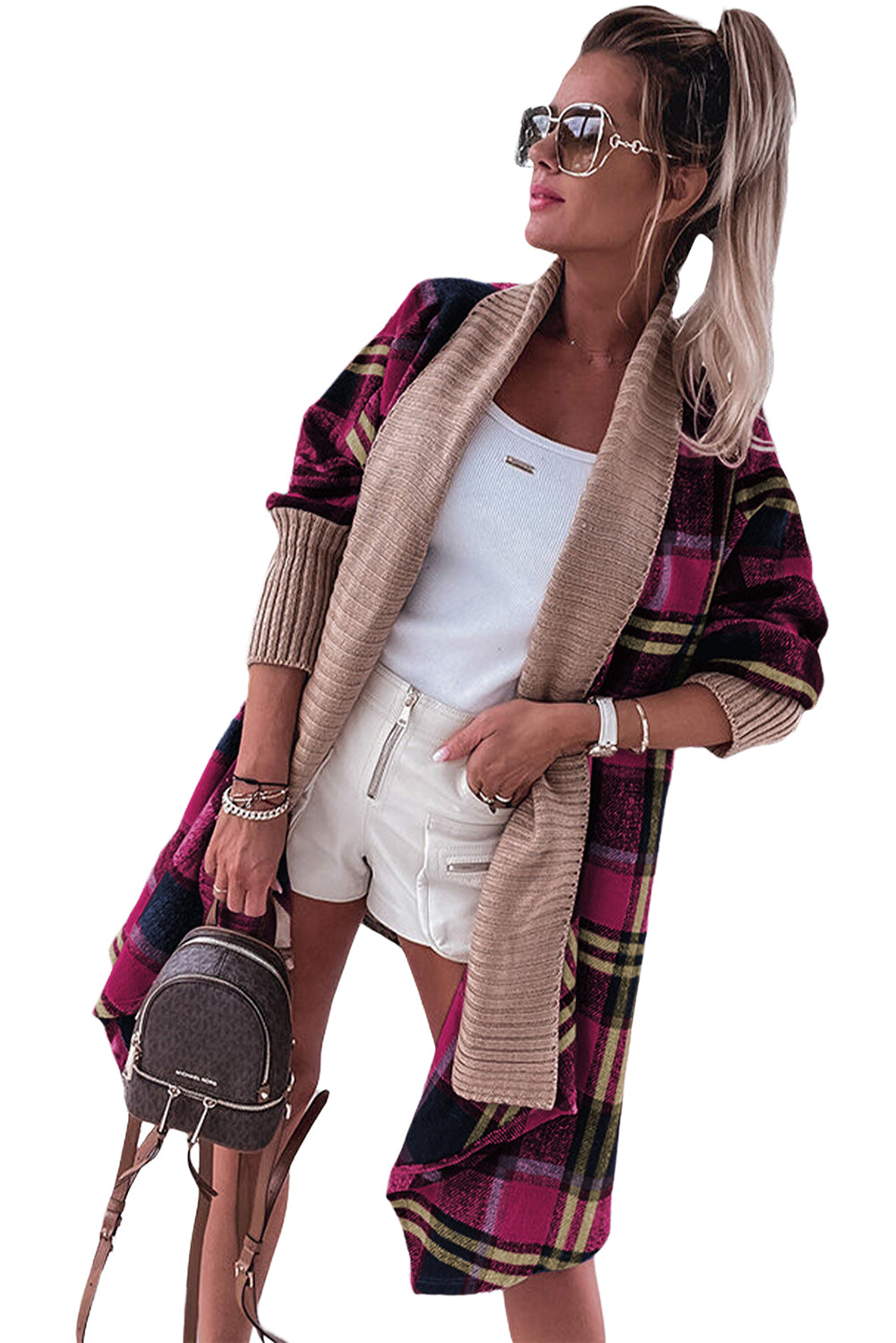 Brown Ribbed Splicing Plaid Open Front Cardigan