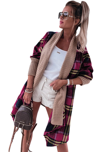 Brown Ribbed Splicing Plaid Open Front Cardigan