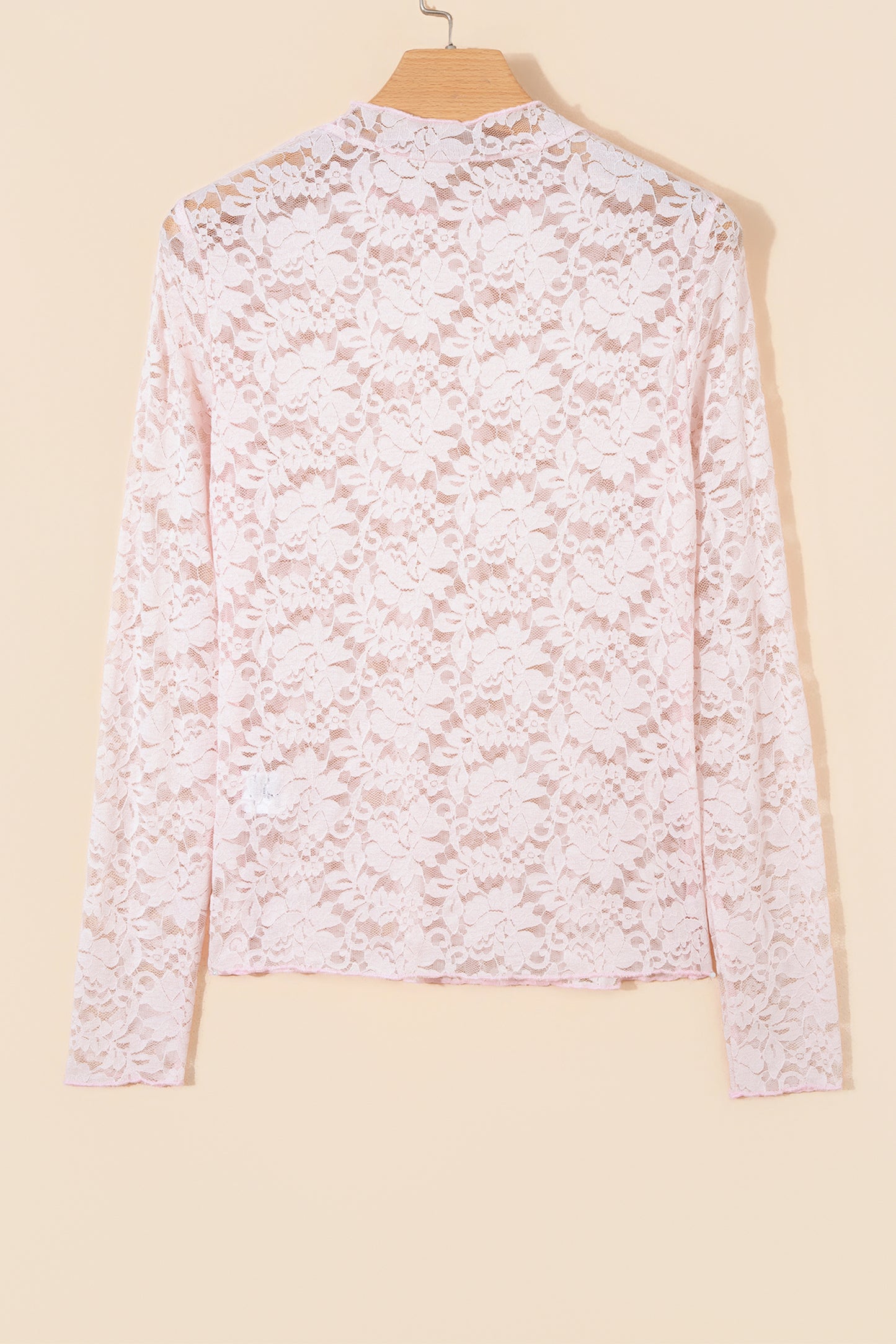 Light Pink Floral Lace Long Sleeve Stand Neck Pullover Top