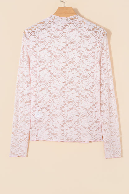 Light Pink Floral Lace Long Sleeve Stand Neck Pullover Top