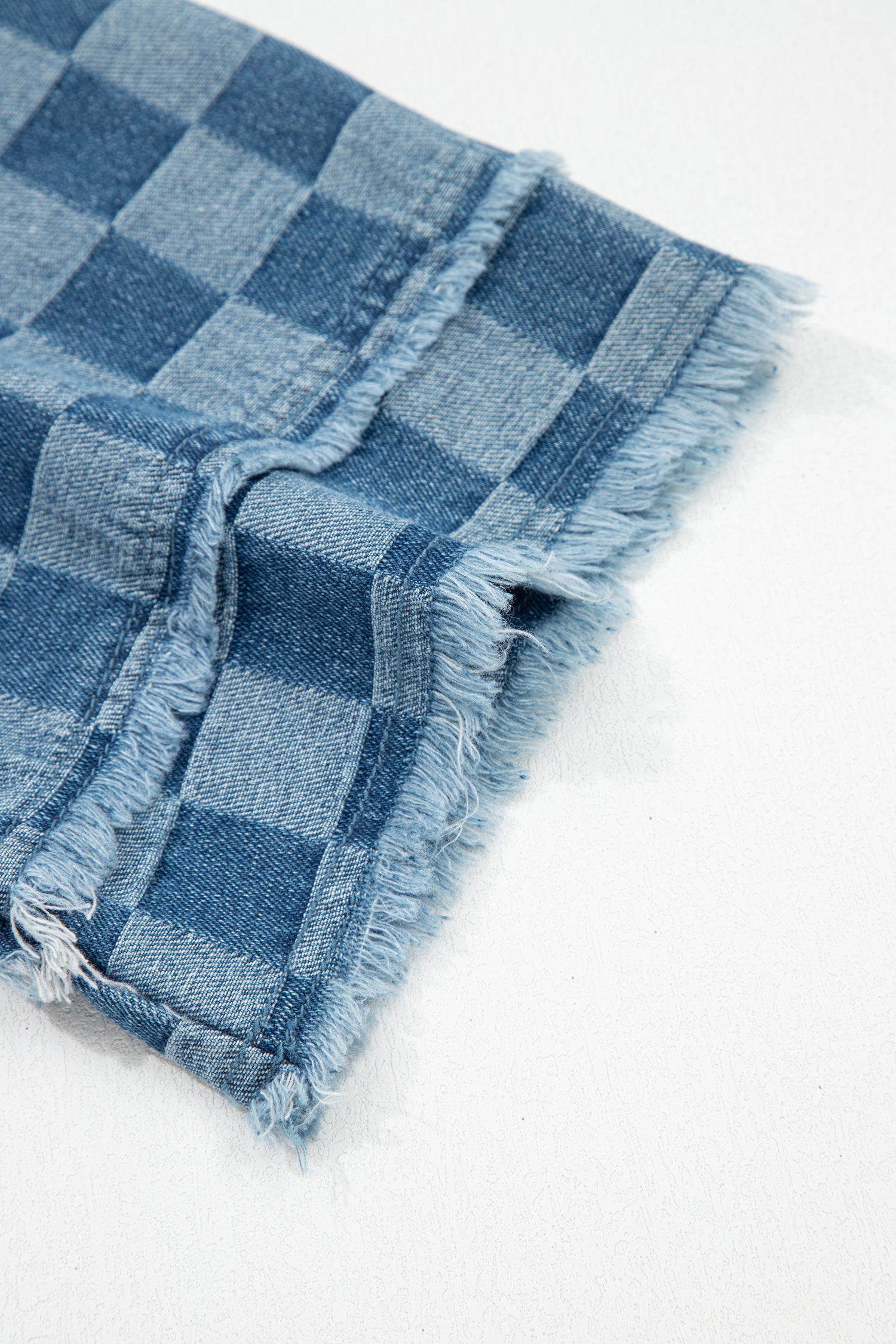 Sky Blue Frayed Hem Checkered Denim Mini Dress