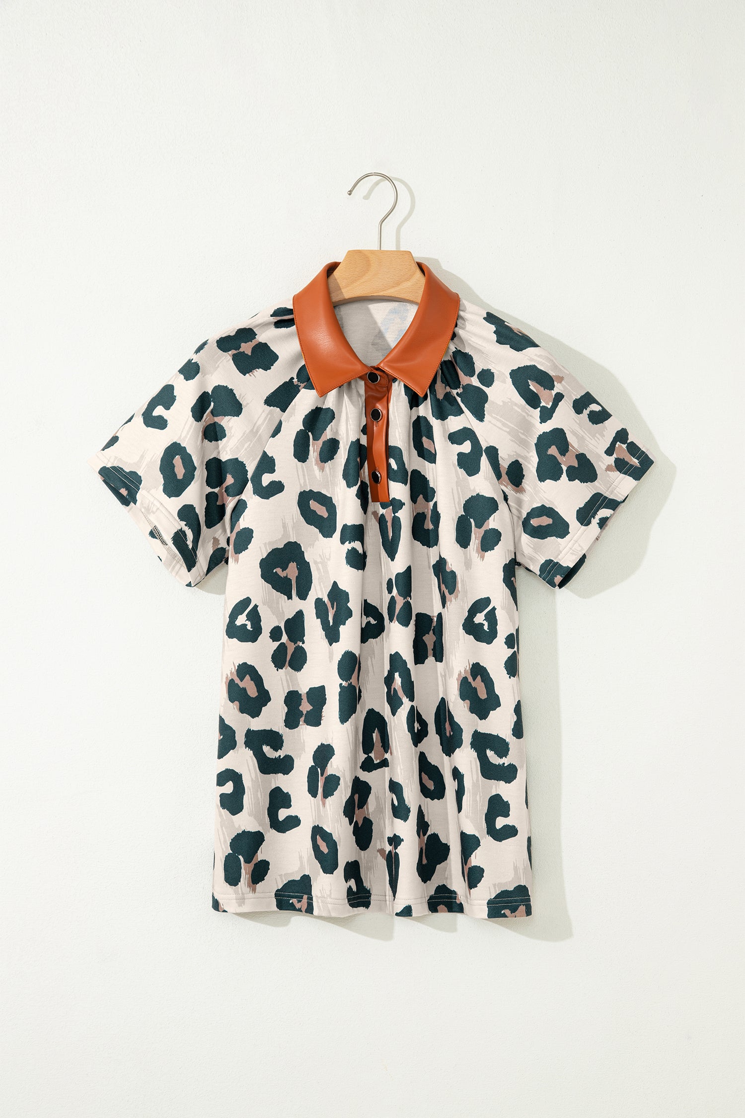 Casual Unique Leopard Print Button Contrast Collared Short Sleeve Blouse