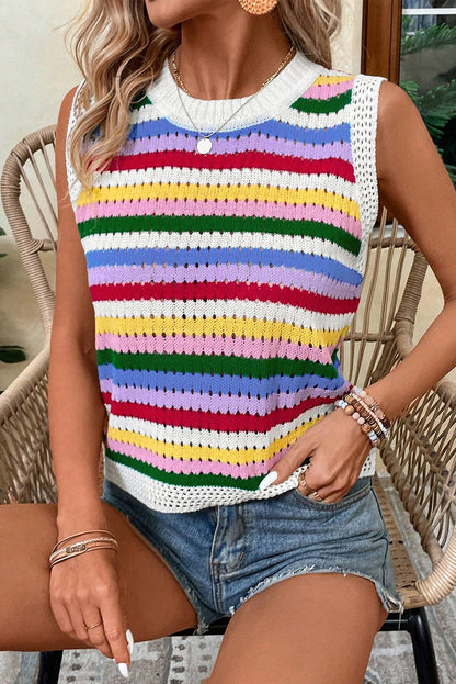 Gilet pull slim en maille rayée multicolore à œillets