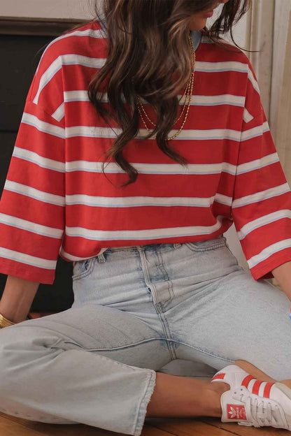 Racing Red Striped Bow Tie Hollowed Back 7/8 Sleeve Casual T-Shirt