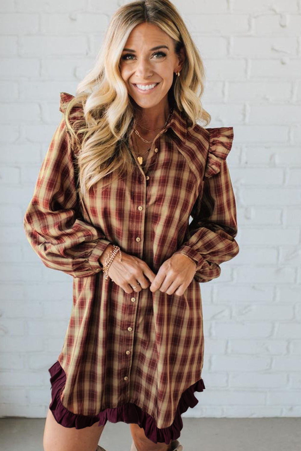 Red Plaid Print Ruffled Long Sleeve Patchwork Hem Mini Shirt Dress Red / XL / 65%Polyester+30%Viscose+5%Elastane Red Plaid Print Ruffled Long Sleeve Patchwork Hem Mini Shirt Dress Red / XL / 65%Polyester+30%Viscose+5%Elastane