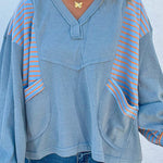 Dusk Blue Exposed Seam Waffle Striped Patchwork Baggy Pullover
