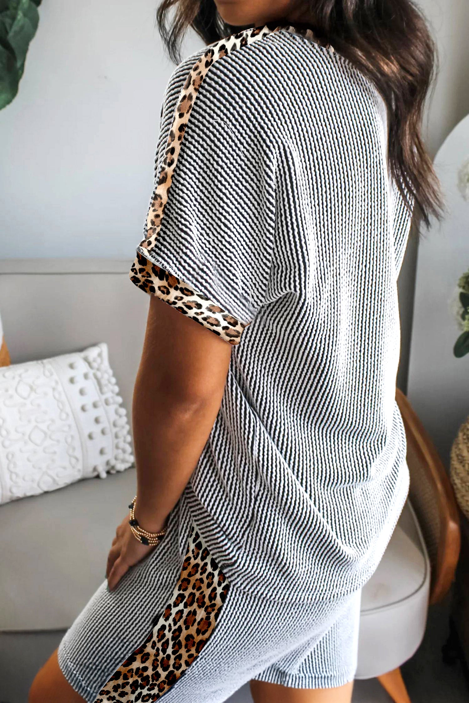 Light Grey Leopard Trim Twist Ribbed Short Set