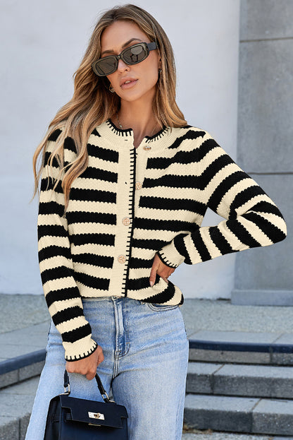 Apricot Stripe Chic Golden Button Cardigan Sweater