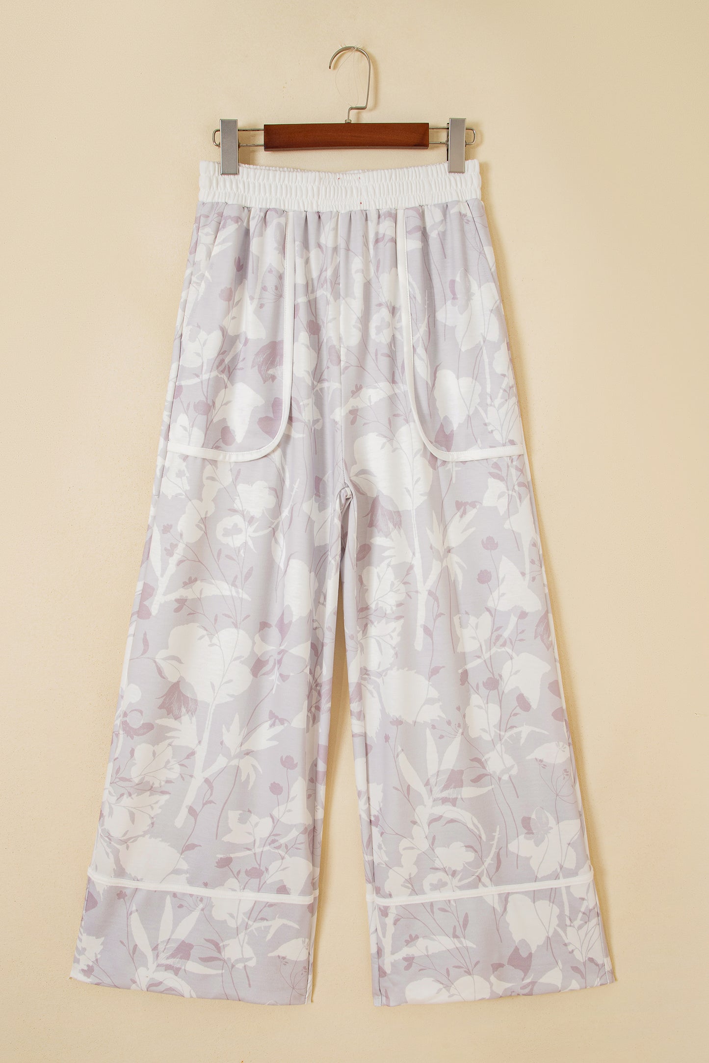 Gray Floral Print Wide Leg Ankle-Length Elastic Waistband Pants