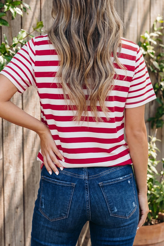 Red Stripe Patchwork Round Neck T Shirt