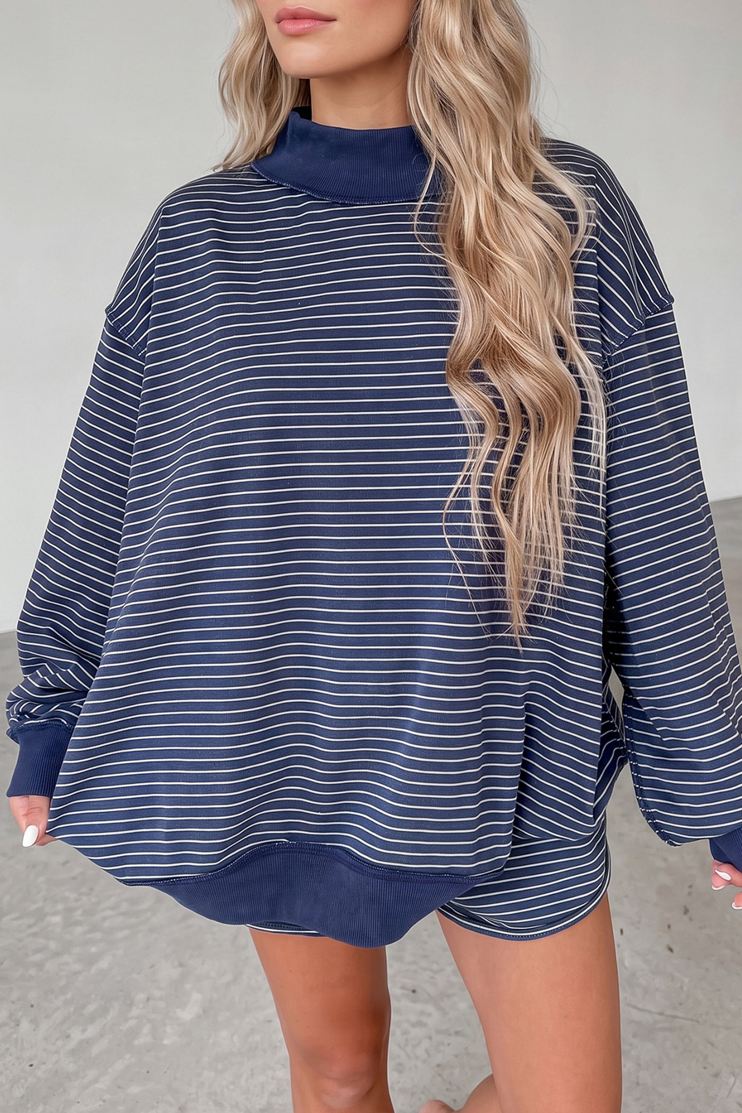 Blue Stripe Ribbed Patchwork Mock Neck Baggy Pullover Matching Shorts Set
