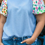 Light Blue Textured Bodice Contrast Floral Sleeve Plus Size Top