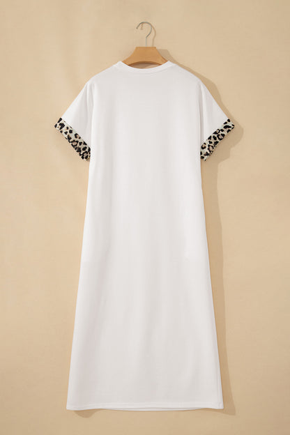 Dark Grey Contrast Leopard Bow Patched Short Sleeve T Shirt Long Dress