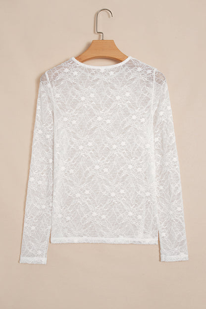 Beige Long Sleeve Sheer Mesh Lace Top