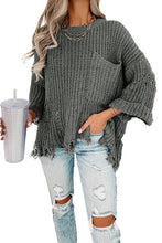 Gray Ripped Raw Hem Chunky Pullover Sweater