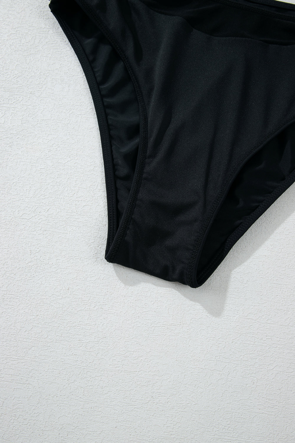 Bikini push-up noir à col en V et bordure en maille transparente