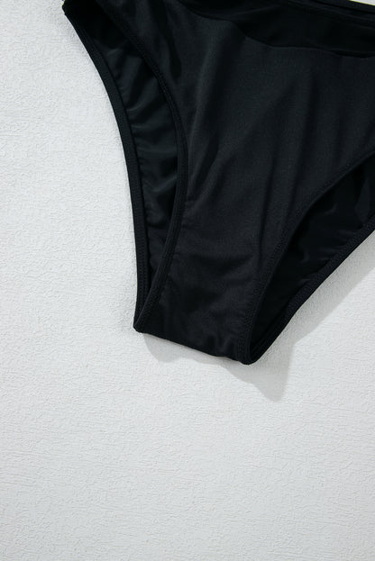 Bikini push-up noir à col en V et bordure en maille transparente