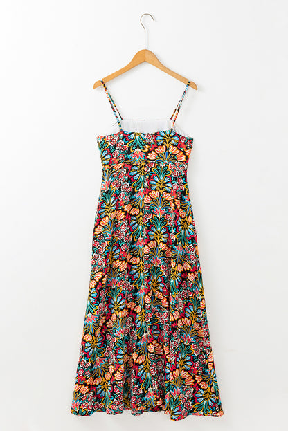 Robe longue noire à imprimé floral bohème, bretelles fines, sans manches, taille haute