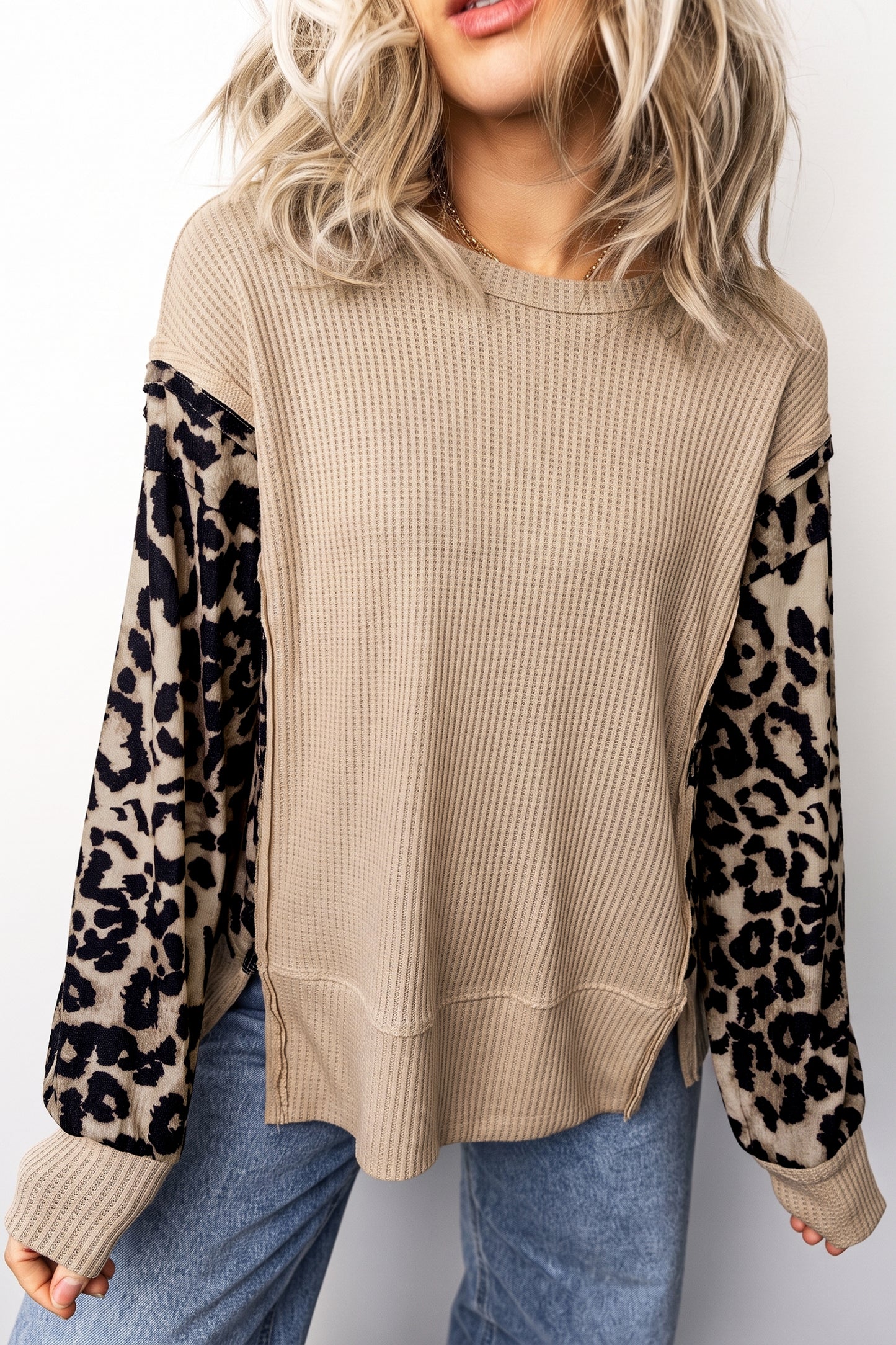 Gray Morn Leopard Sleeve Waffle Knit Split Hem Top