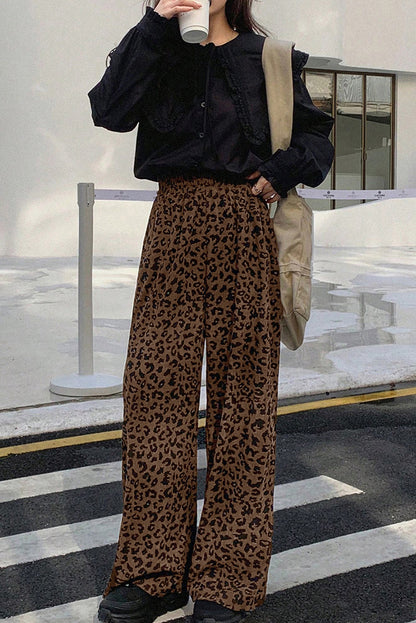 Dark Brown Leopard Print Elastic High Waist Loose Corduroy Pants