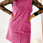 Rose Red Corduroy Sleeveless Mini Dress With Patched Pockets