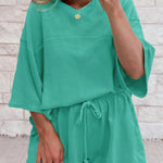 Sea Green Solid Loose V Neck Half Sleeve Tee and Shorts