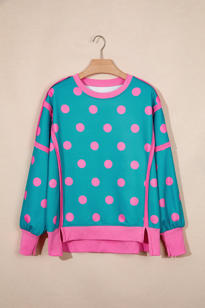 Blue Polka Dot Contrast Patchwork Round Neck Baggy Sweatshirt