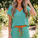 Green Stripe Colorblock Trim V Neck Tee Drawstring Elastic Waist Short Set