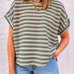 Green Stripe Textured Side Slits Crew Neck T Shirt