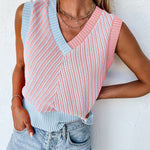 Gilet col V en tricot à chevrons contrastés rose clair
