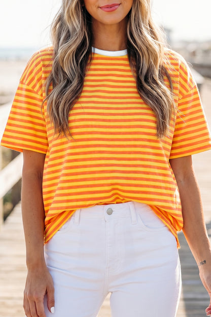 Sky Blue Stripe Contrast Crew Neck Drop Shoulder Loose Tee