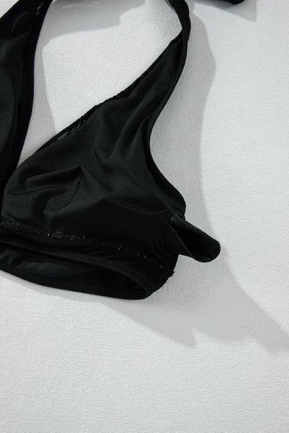 Bikini push-up noir à col en V et bordure en maille transparente