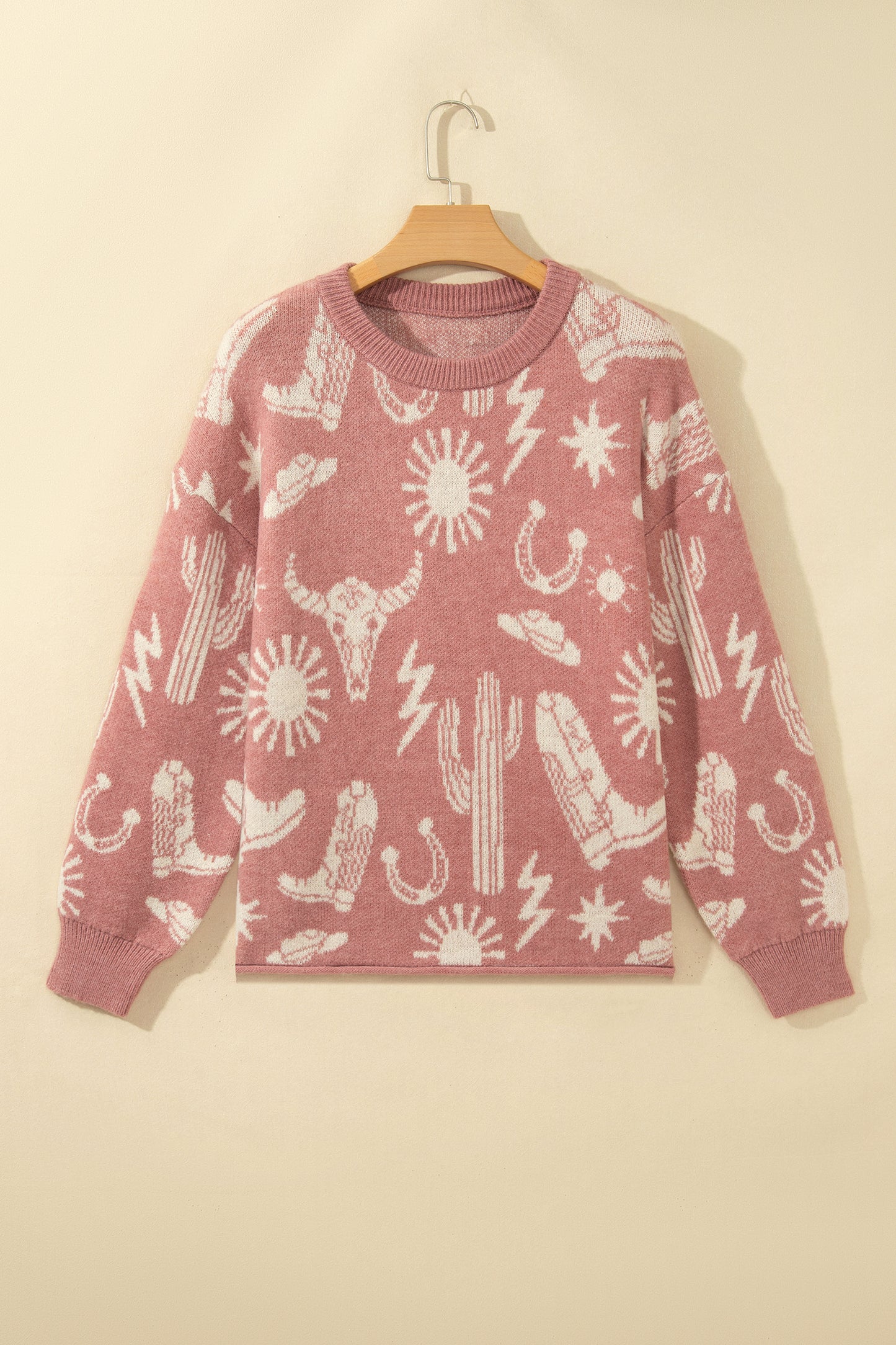 Peach Blossom Western Print Drop Shoulder Round Neck Long Sleeve Sweater