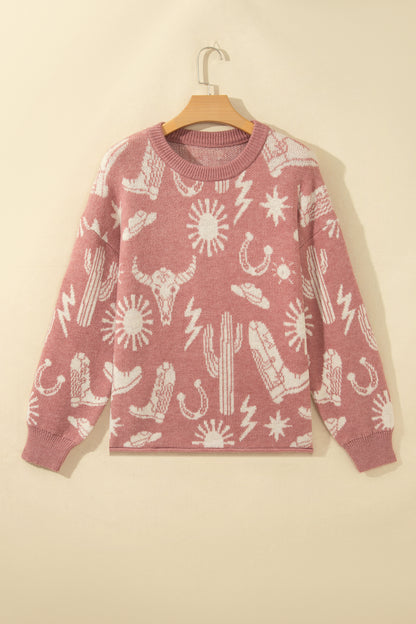Peach Blossom Western Print Drop Shoulder Round Neck Long Sleeve Sweater