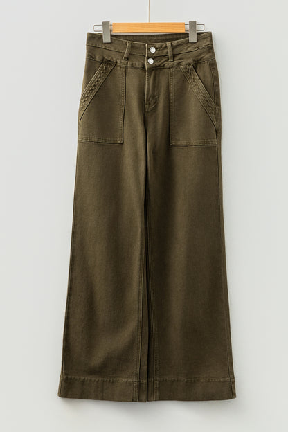 Jungle Green Double Waistband Loose Straight Jeans