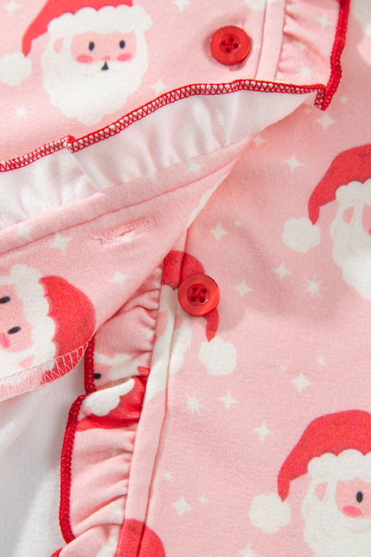 Pink Christmas Santa Print Frilled Button Front Long Sleeve Top Lounge Pant Set