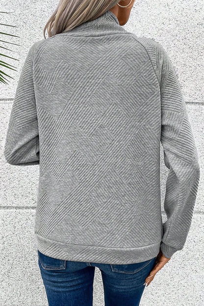 Sweat-shirt texturé gris à col montant et boutons asymétriques 