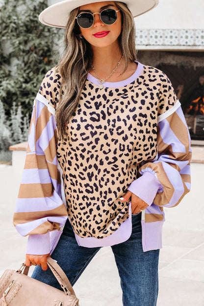 Khaki Stripe Color Block Patchwork Leopard Casual Sweatshirt with Slits