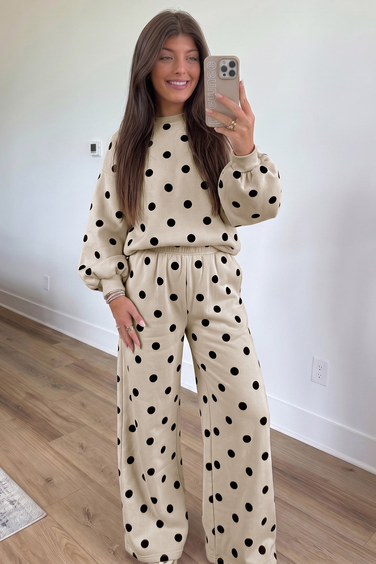 Beige Polka Dot Puff Sleeve Top Casual Pants 2pcs Set